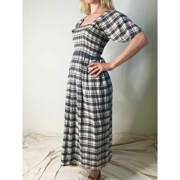 THE GREAT Gingham B&W Plaid Smocked Bust Flutter Sleeve Maxi Dress US SMALL - Picture 4 of 16